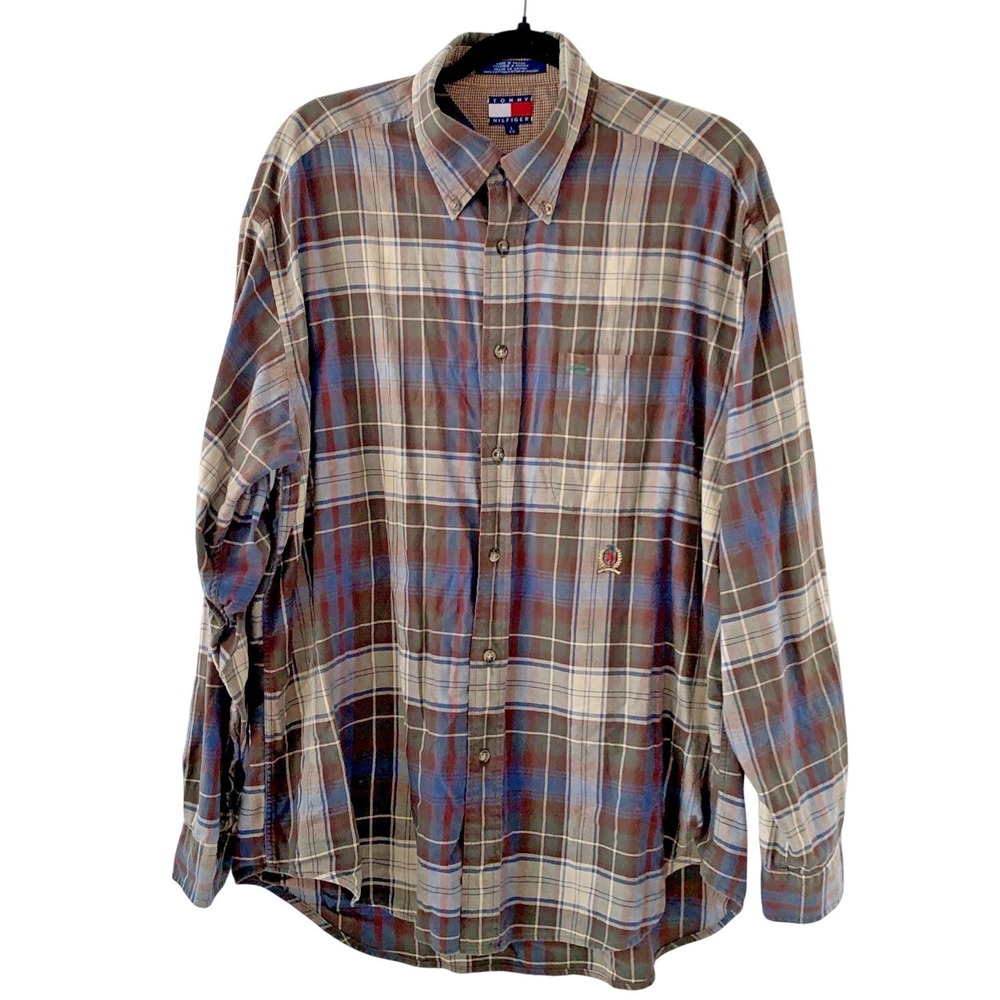 Tommy Hilfiger Mens Large Plaid Button Down Shirt Blue Brown Crest Logo Vintage - Picture 1 of 5